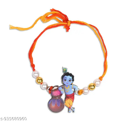 Lord Ganesha, Krishna & Chota Bheem Kids Rakhi Set | Stylish Pearl & Gold Beads Bracelet Rakhi for Brother, Sister & Children | Raksha Bandhan Gift with Roli Chawal
