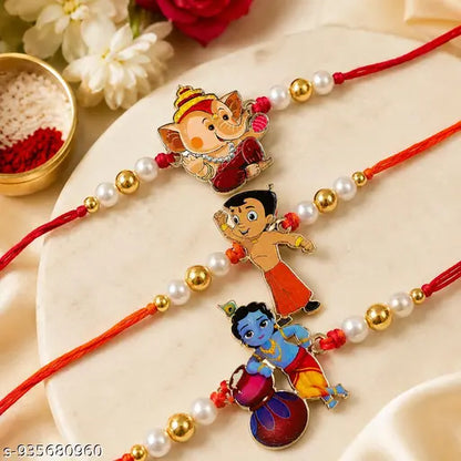 Lord Ganesha, Krishna & Chota Bheem Kids Rakhi Set | Stylish Pearl & Gold Beads Bracelet Rakhi for Brother, Sister & Children | Raksha Bandhan Gift with Roli Chawal