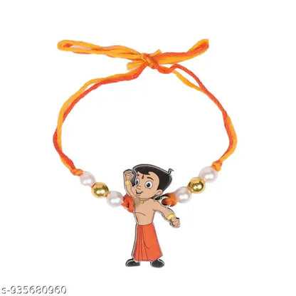 Lord Ganesha, Krishna & Chota Bheem Kids Rakhi Set | Stylish Pearl & Gold Beads Bracelet Rakhi for Brother, Sister & Children | Raksha Bandhan Gift with Roli Chawal